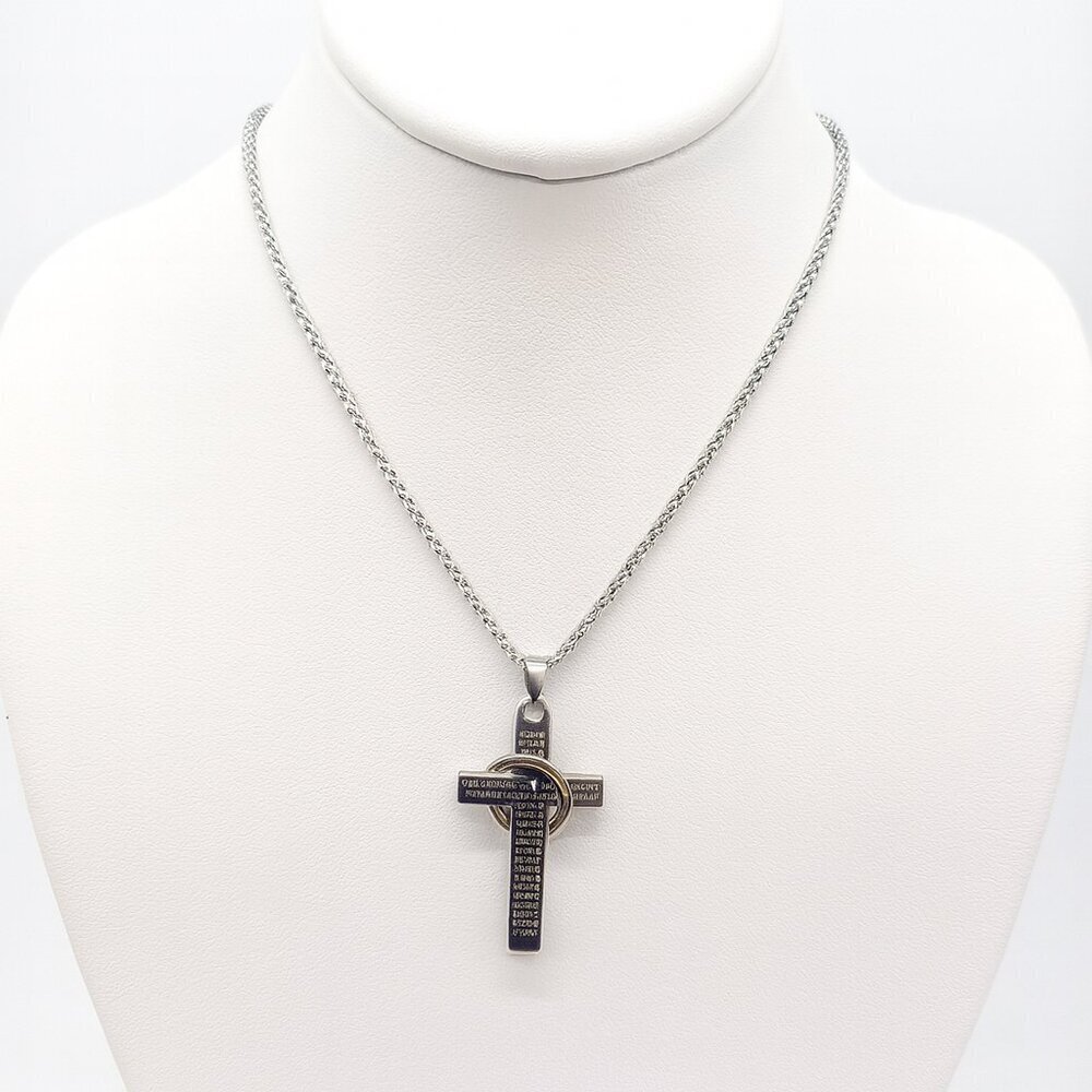 ✨ Silver Lord's Prayer Cross Pendant Necklace Interlocking Ring Unisex NWT